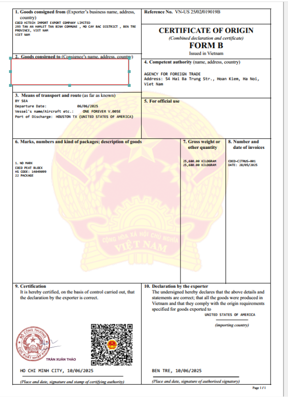 COCO PEAT CERTIFICATE OF ORIGIN